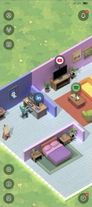 The app home: a personal den with YouTube, Spotify and LinkedIn pinned to furniture