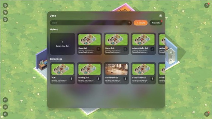 The Denz directory: My Denz with Create New Den, and Joined Denz such as MUN, Gaming Club, Badminton Club and Board Game Club