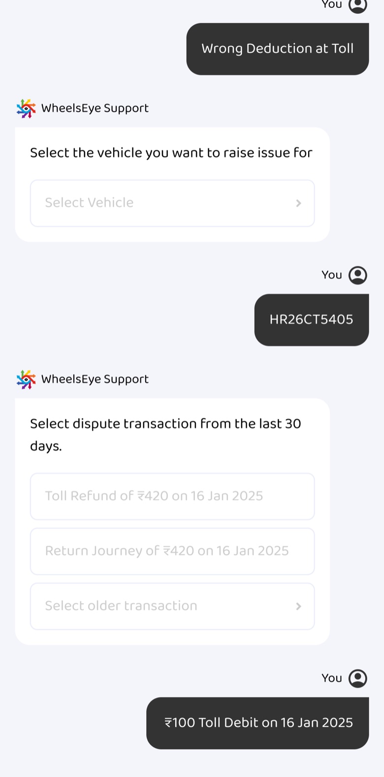 ₹100 toll debit posted in the chat