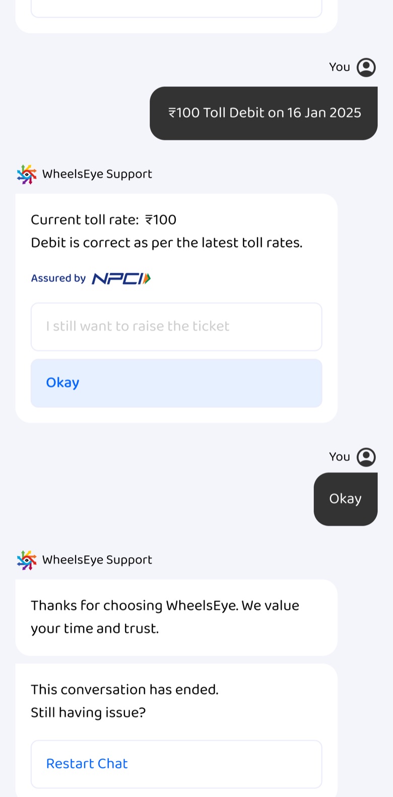 Thanks for choosing WheelsEye; the conversation has ended