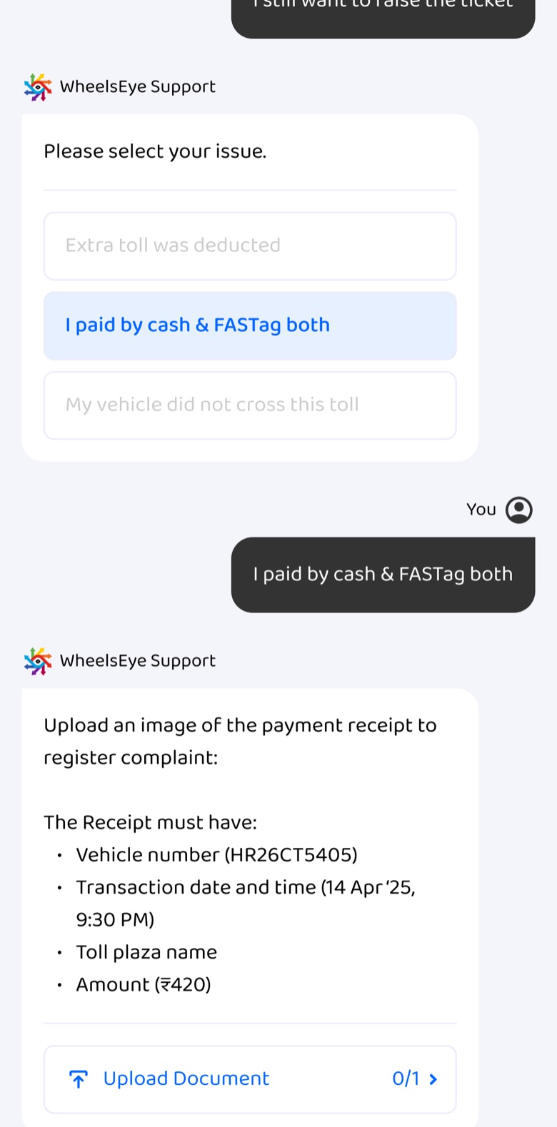Upload an image of the payment receipt; it must show vehicle number, date and time, toll plaza and amount