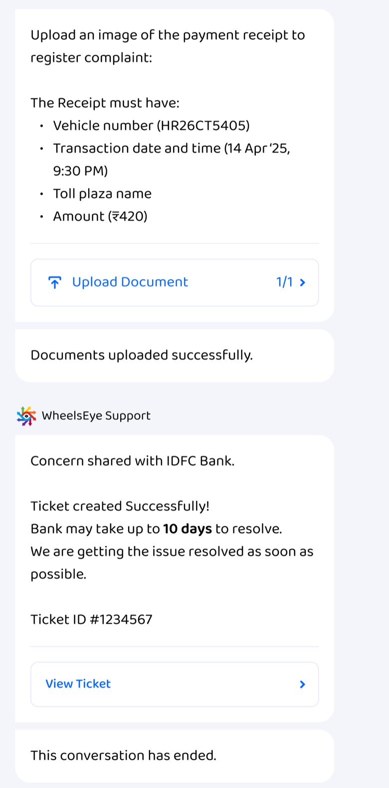Concern shared with IDFC Bank: ticket created, the bank may take up to 10 days, View Ticket