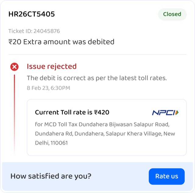 Ticket card rejected, showing the current toll rate from NPCI as proof