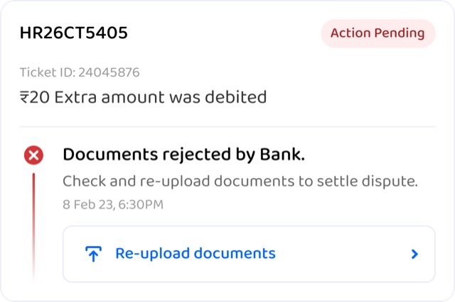 Ticket card: documents rejected by bank, re-upload document