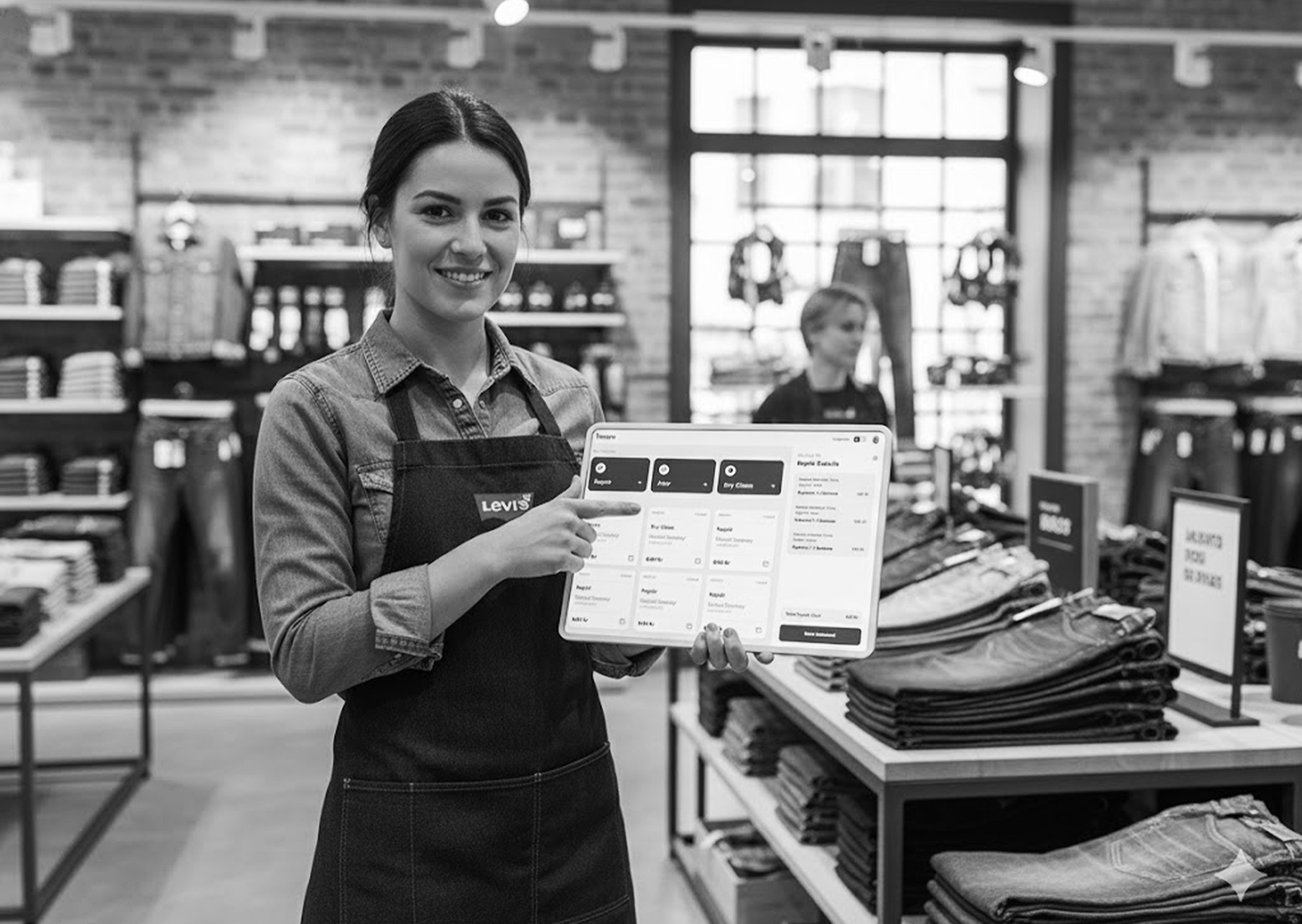 A store assistant in a denim shop holding up the Tavare iPad dashboard