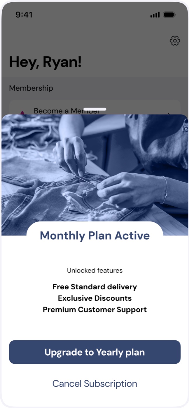 Variant A: Monthly Plan Active sheet listing unlocked features