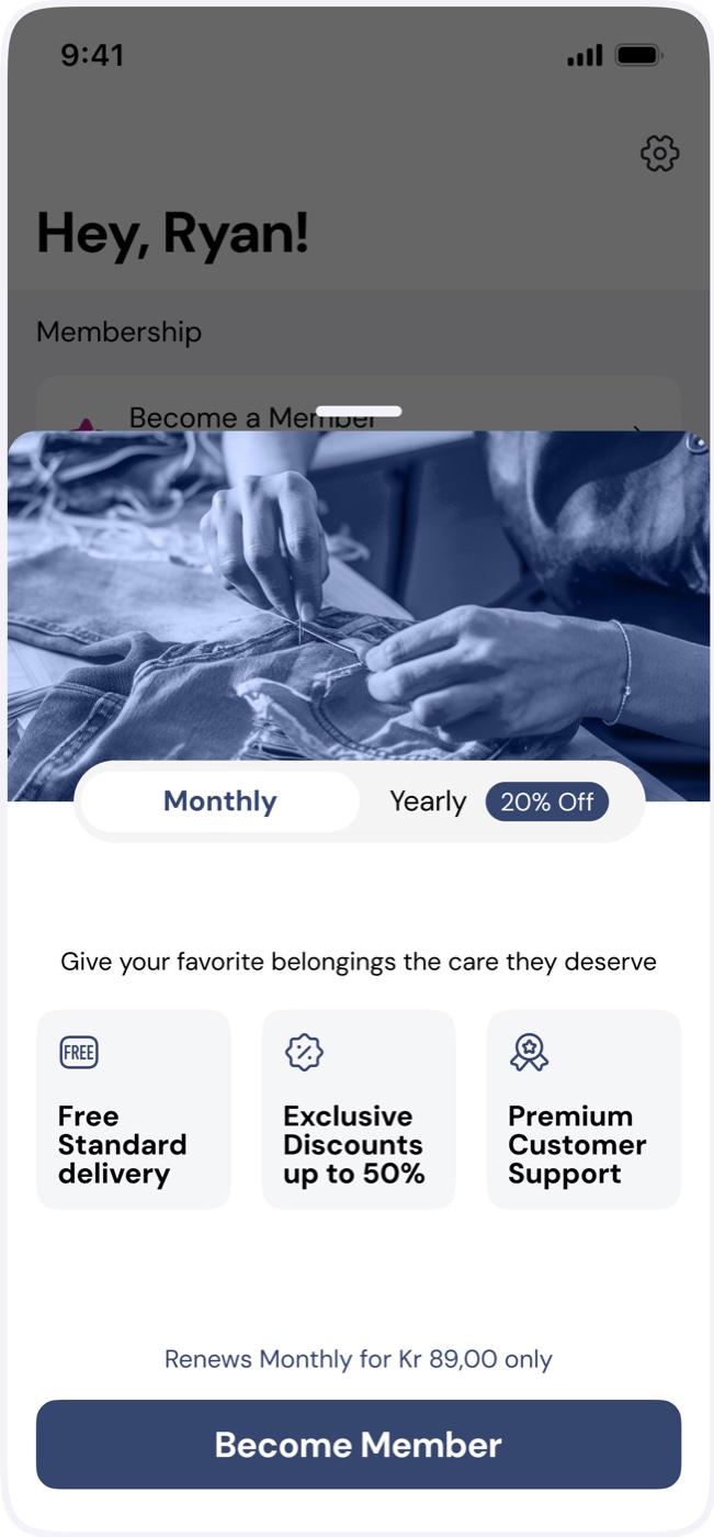 Variant B: Monthly or Yearly toggle with three benefit tiles