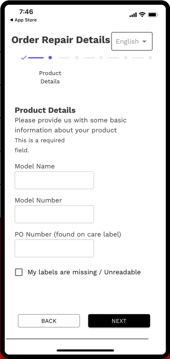 The original Product Details step asking for model name, model number and PO number