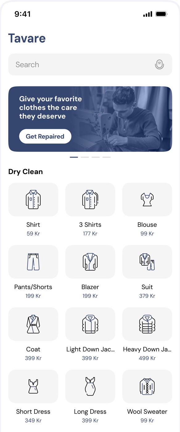 The Tavare iOS home screen: Get Repaired, then a priced catalogue