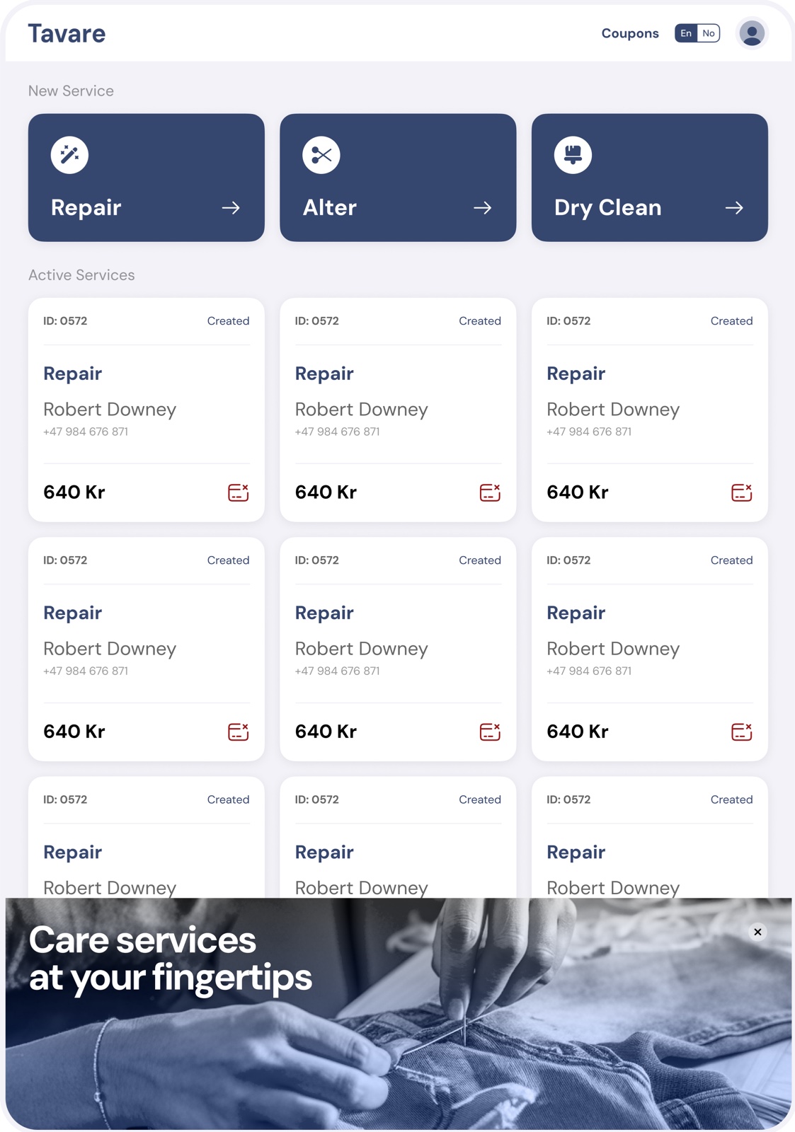 Retail iPad dashboard: Repair, Alter and Dry Clean above active services