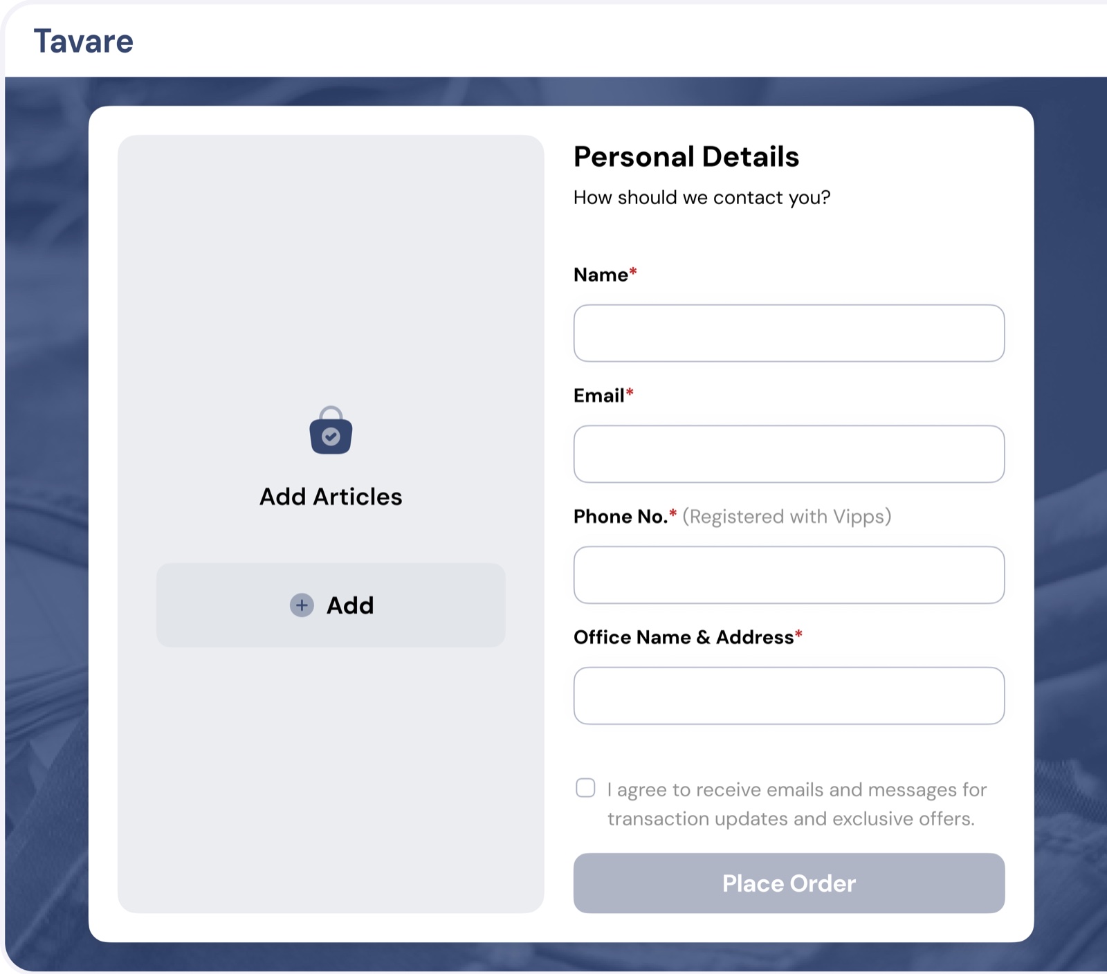 Tavare web: Add Articles beside a Personal Details form