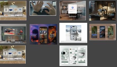 Clean spatial moodboard: translucent floating widgets over 3D rooms