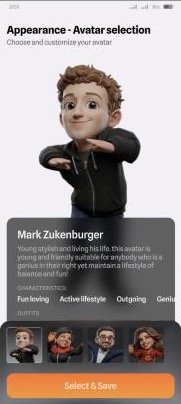 Mobile avatar selection: a 3D avatar, its description and traits, with a gallery of others