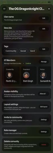 Den settings with members, layout, invite and role manager