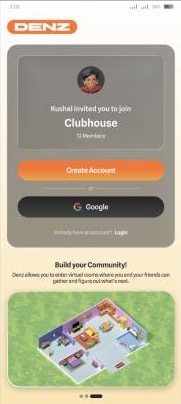 Invite landing: Kushal invited you to join Clubhouse, 12 members, create account or Google