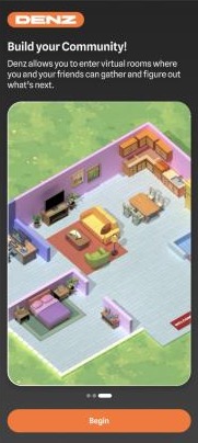 Welcome: Build your Community, over a furnished isometric den