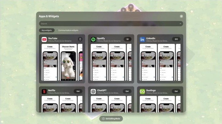 Apps and widgets store opened in place: app widgets and communication widgets
