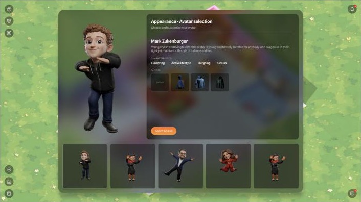 Web avatar selection with a gallery of five avatars and outfit options