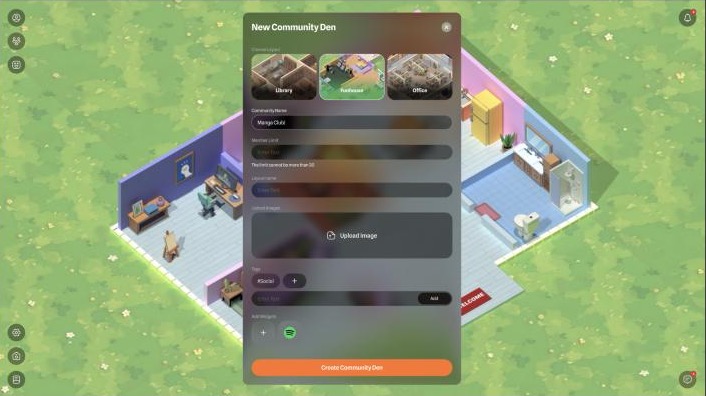 New Community Den: choose a layout, then name, member limit, images, tags and widgets