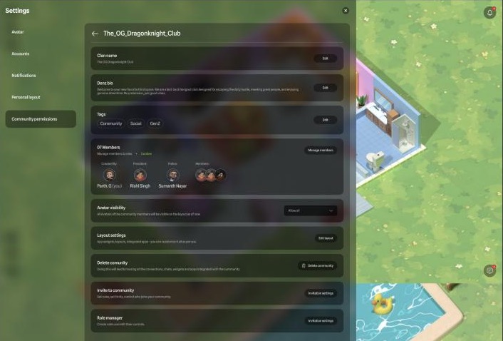 Den settings: name, bio, tags, members, avatar visibility, layout, delete, invite and role manager