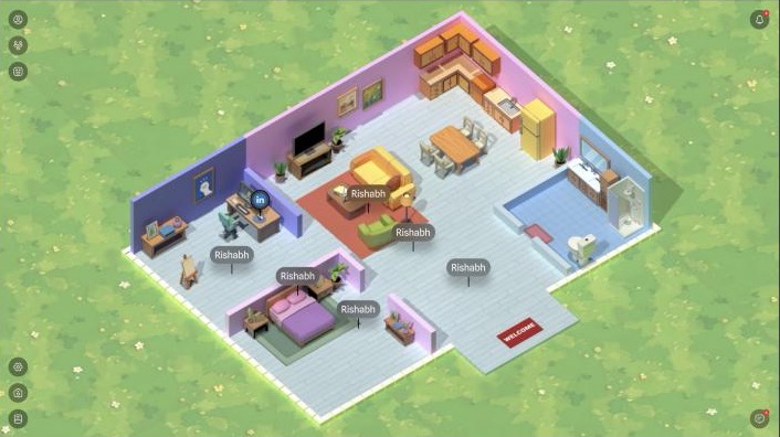 A den with name tags showing where people are standing