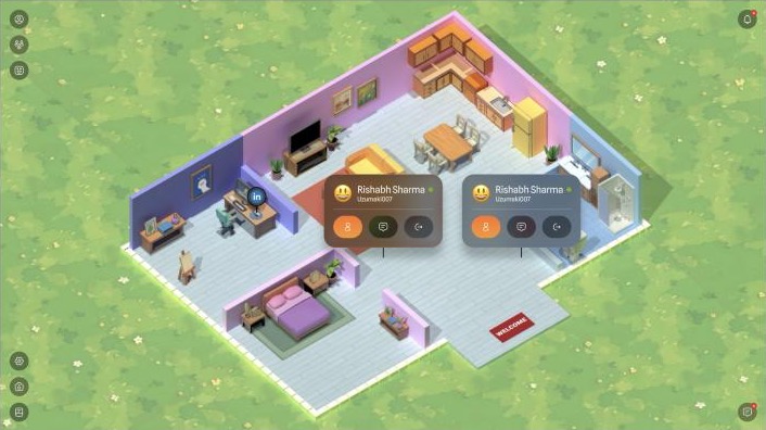 The shipped look: an illustrated isometric den with dark, translucent visitor cards over it