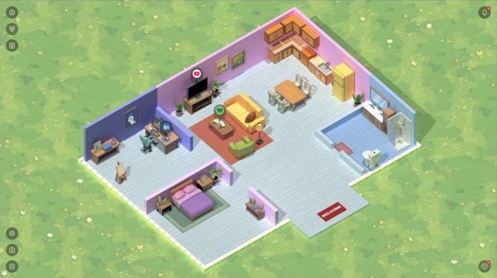 A personal den with YouTube, Spotify and LinkedIn pinned to furniture