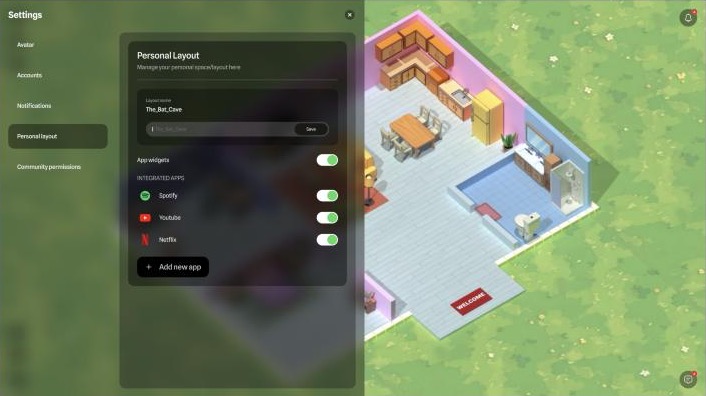 Personal layout settings: layout name, app widgets and integrated apps toggled on