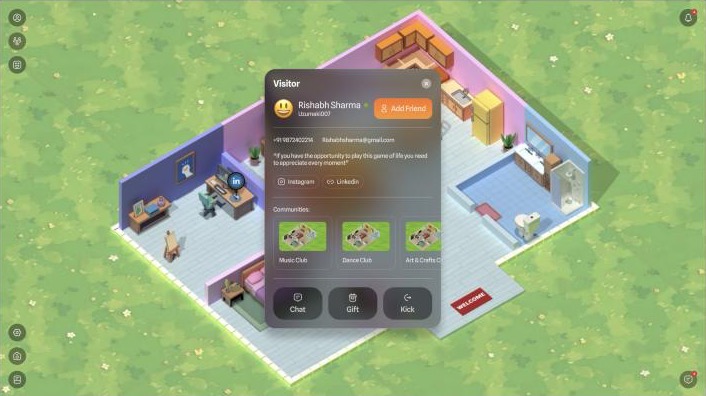 A visitor's full card: Add friend, links, communities, and Chat, Gift and Kick