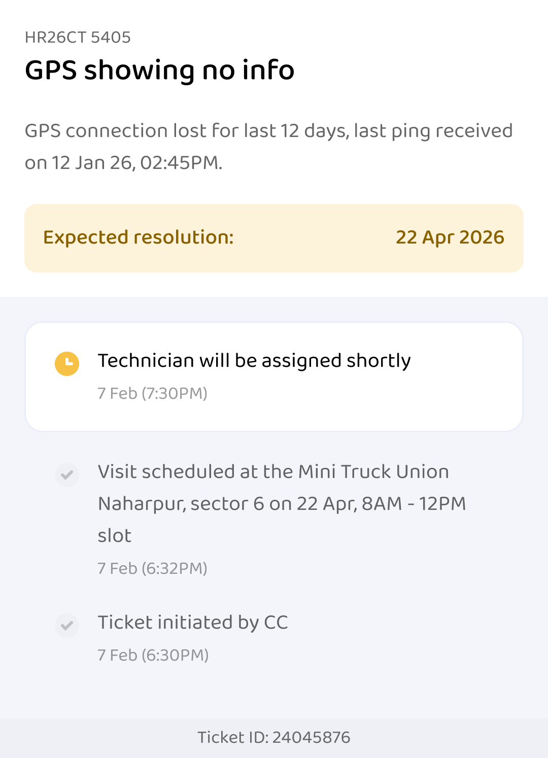 GPS showing no info, ticket initiated by CC: expected resolution 22 Apr 2026, technician will be assigned shortly