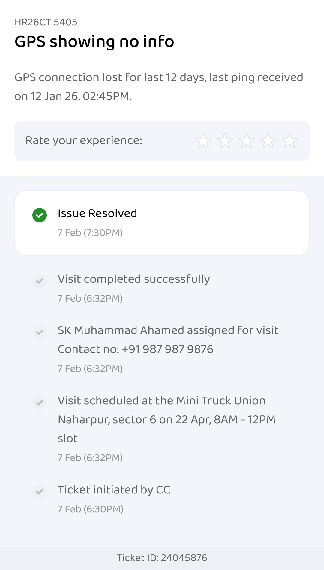 Issue resolved; rate your experience with five stars in place of the resolution date