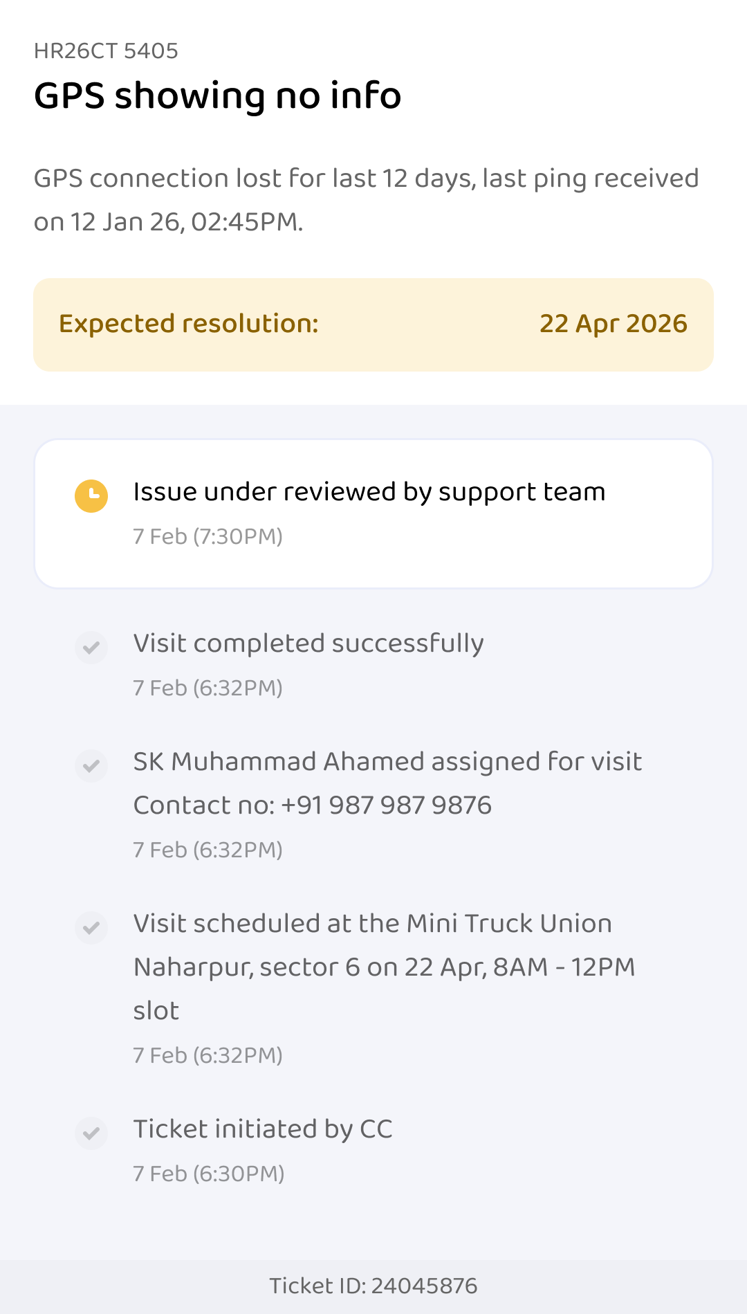 Visit completed successfully; issue under review by the support team
