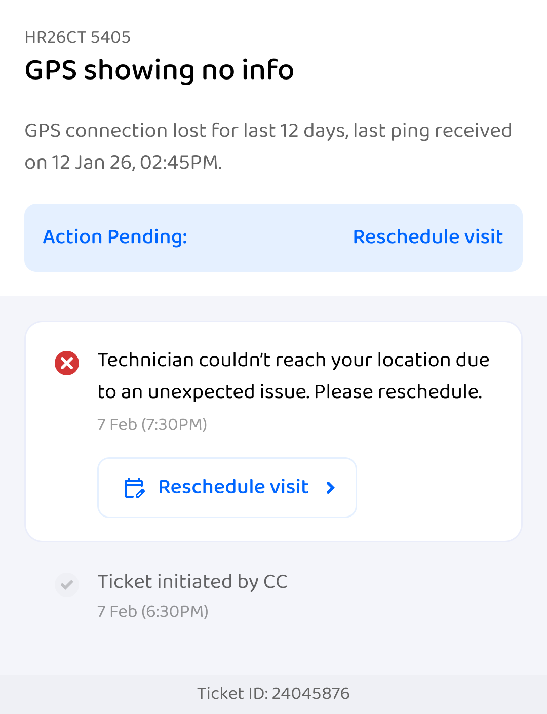 Action Pending: technician couldn't reach your location due to an unexpected issue; Reschedule visit button