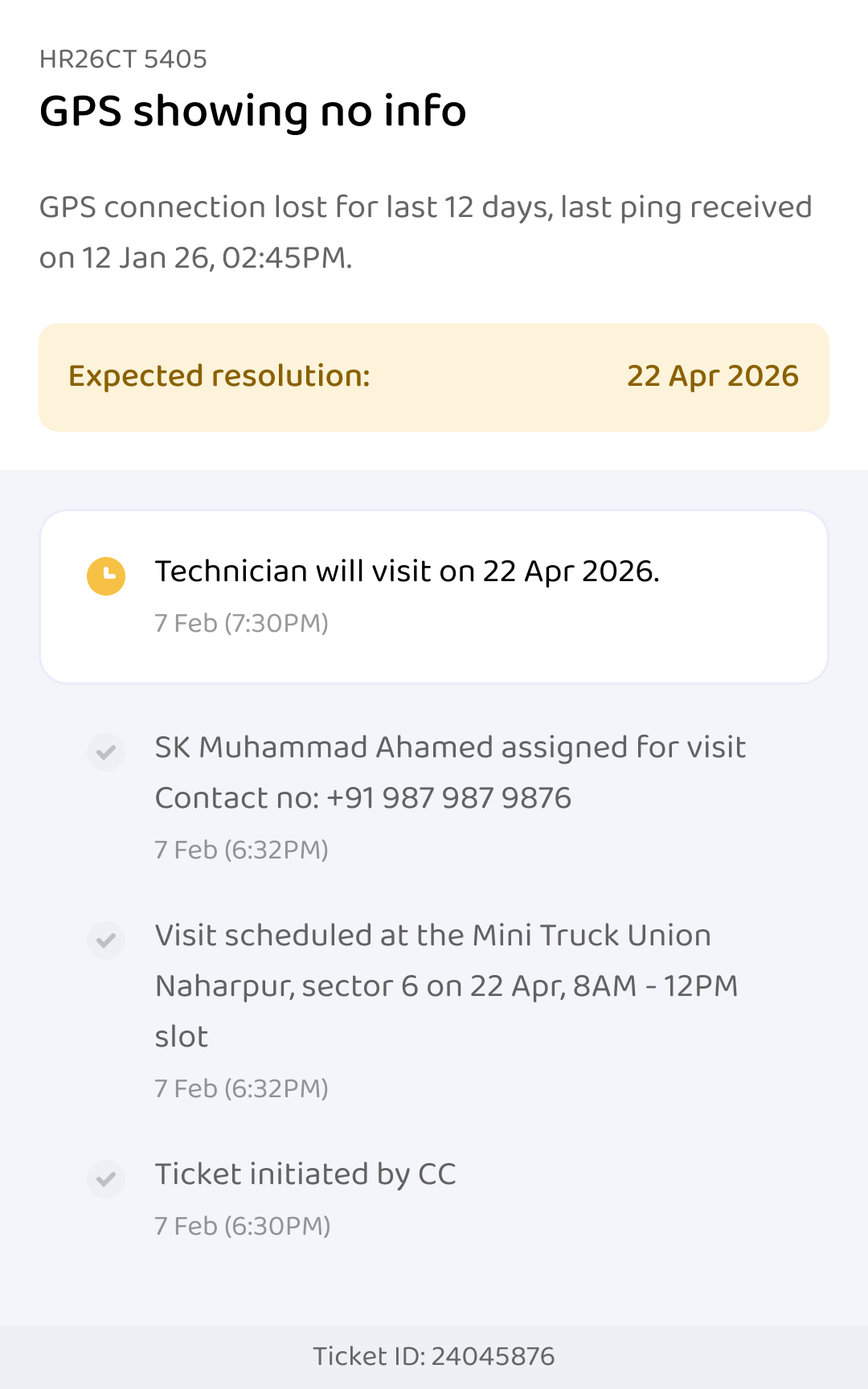 Technician assigned with name and contact number; technician will visit on 22 Apr 2026