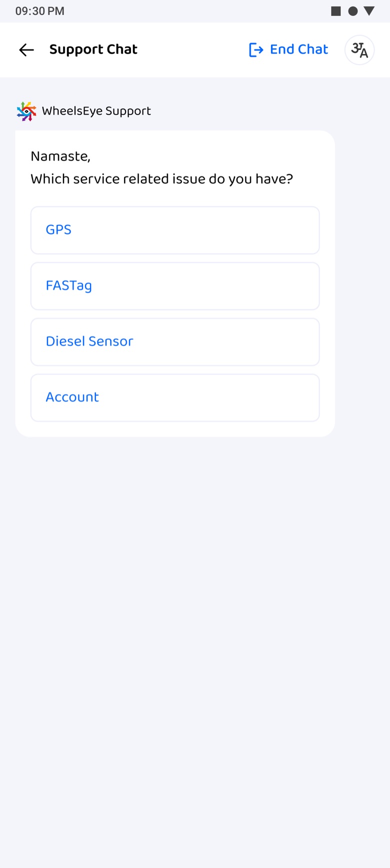 Support chat: Namaste, which service related issue do you have?