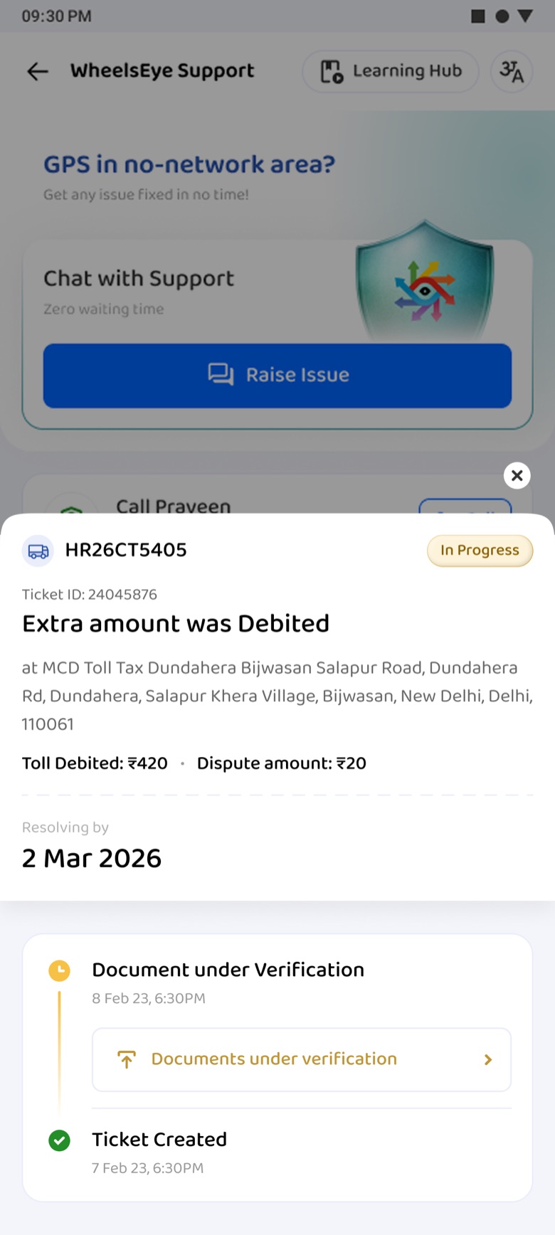 Ticket sheet: extra amount was debited, document under verification, ticket created