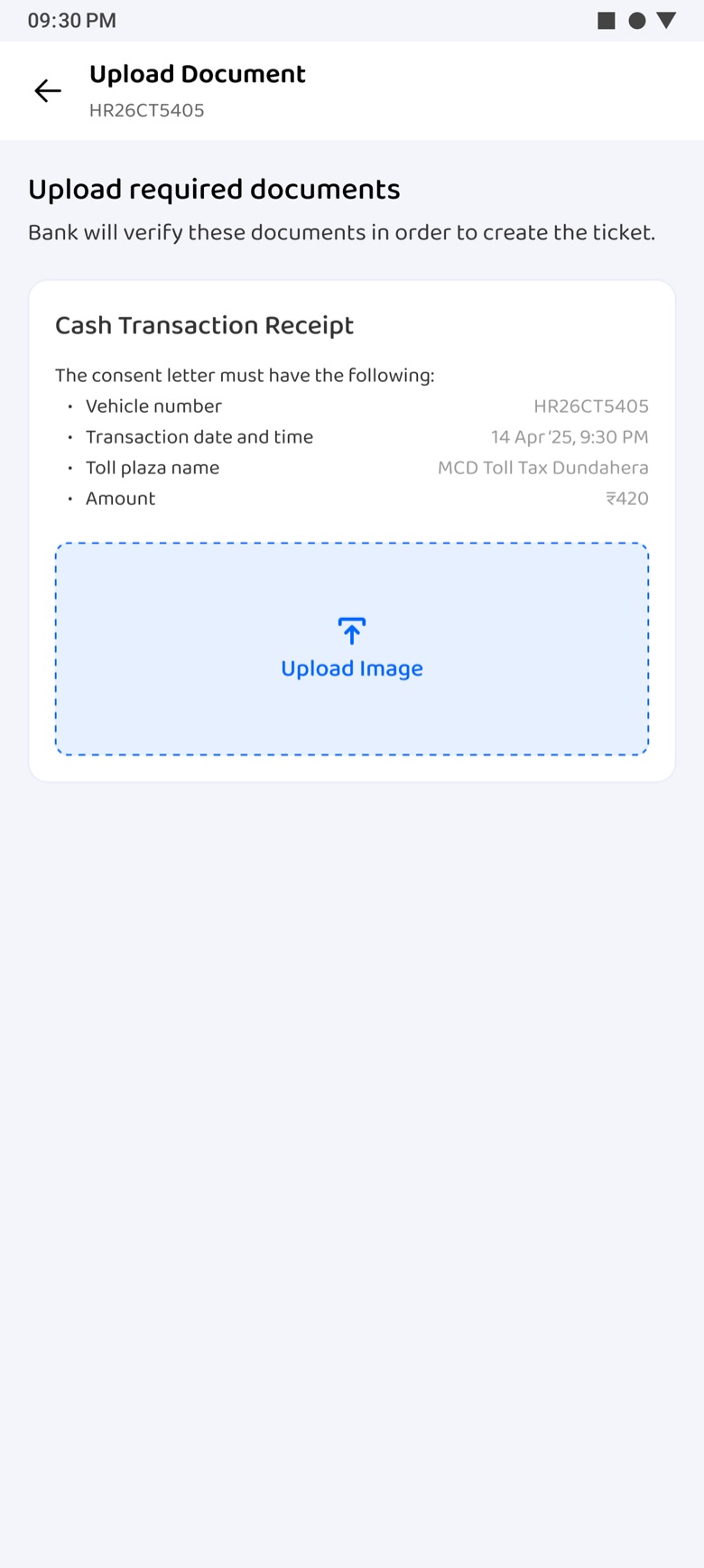 Upload Document: the cash receipt checklist beside the upload area