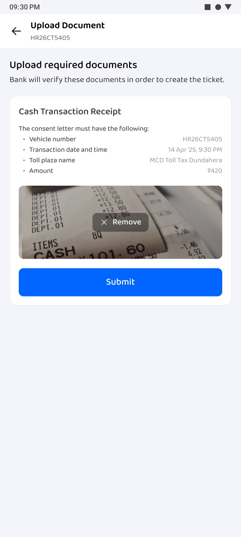 The receipt photo attached with Remove and Submit