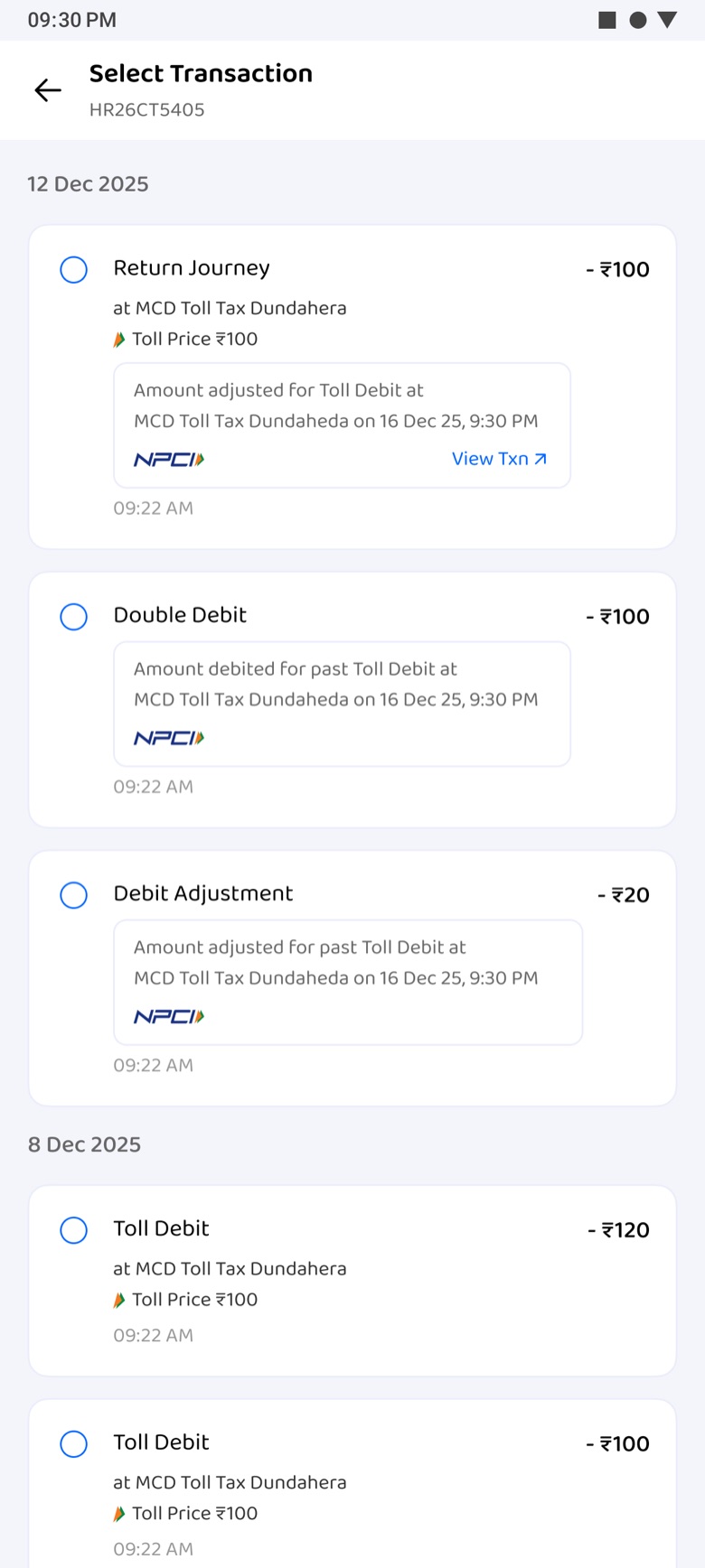 Select Transaction sheet: toll debits grouped by date with NPCI details