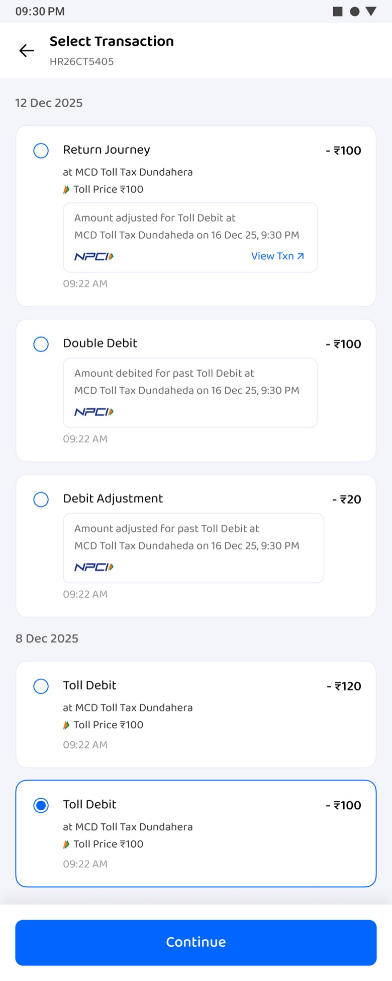 A toll debit selected, Continue