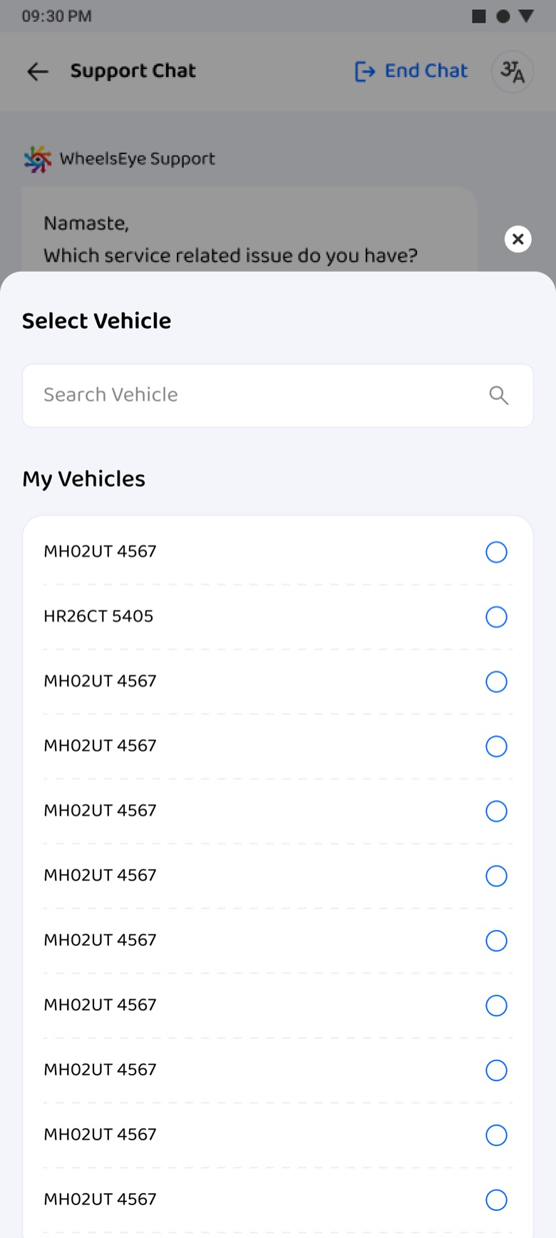 Select Vehicle sheet with a search field and the operator's vehicles