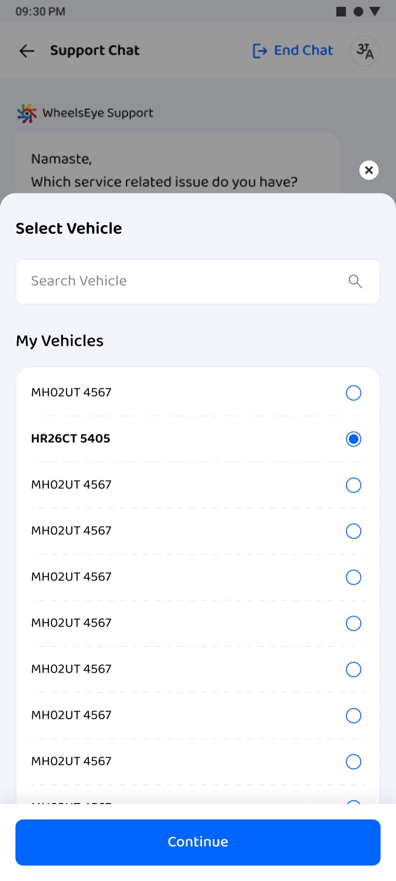 A vehicle selected in the sheet, Continue