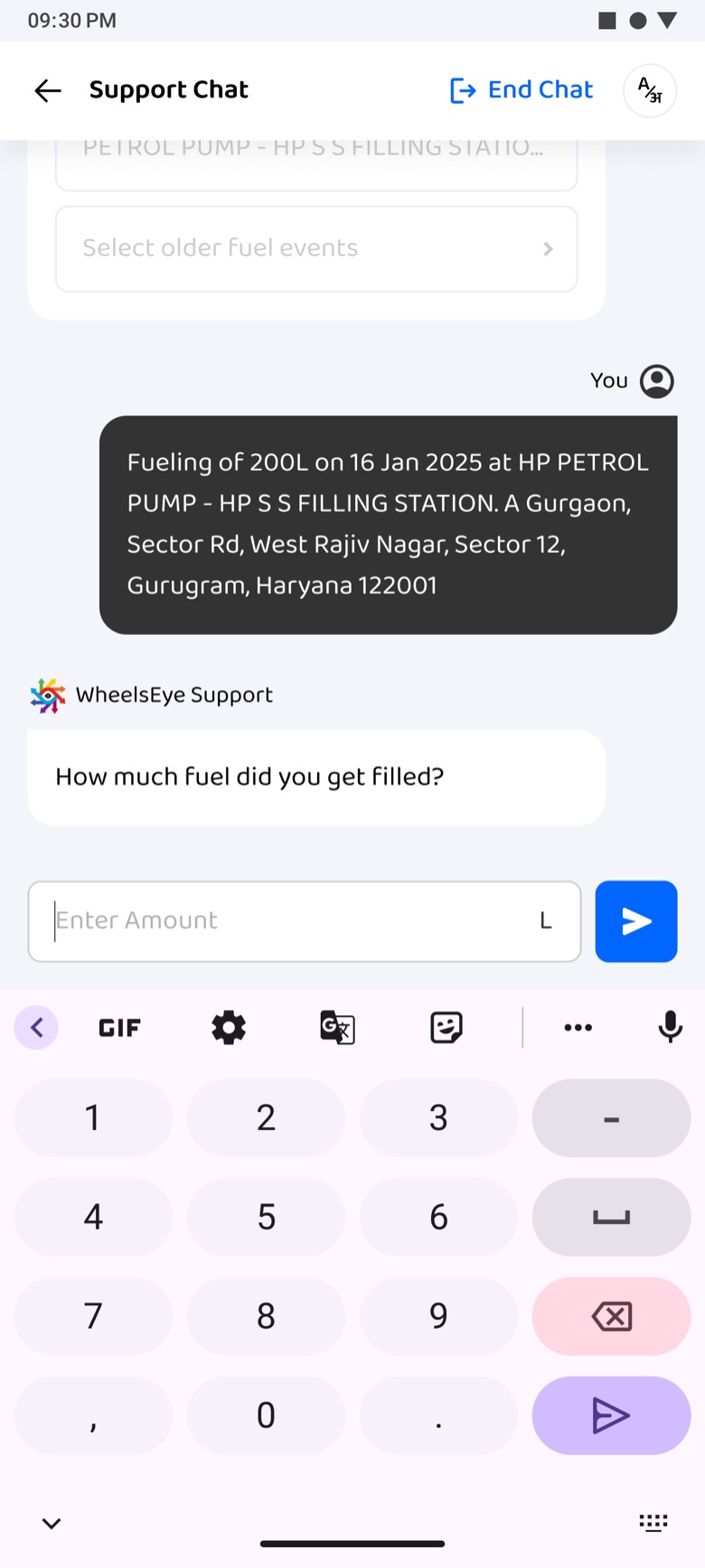 How much fuel did you get filled? with the number pad