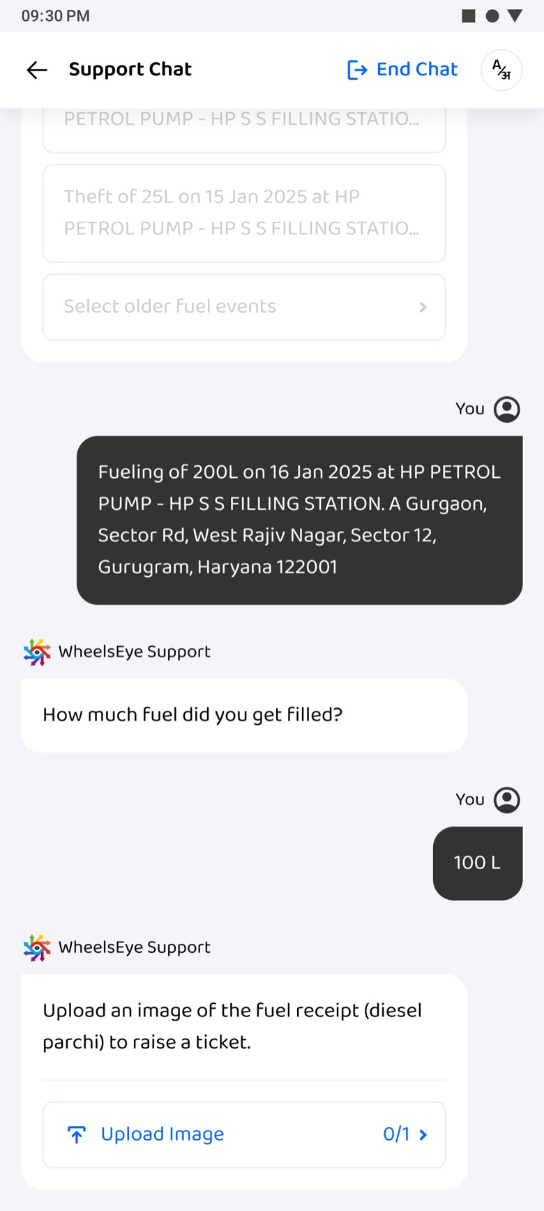 100 L entered; upload an image of the fuel receipt