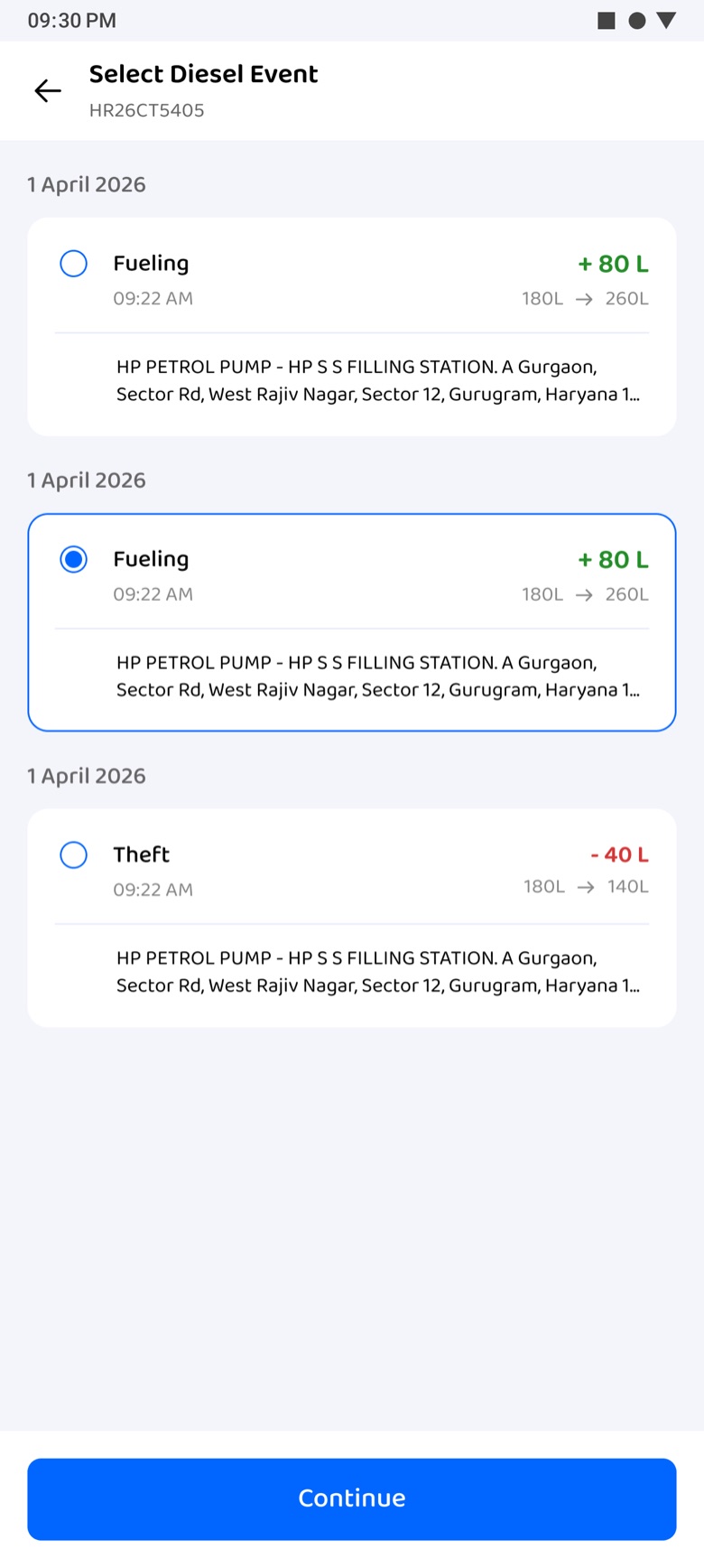 Select Diesel Event: fuelling and theft events by date