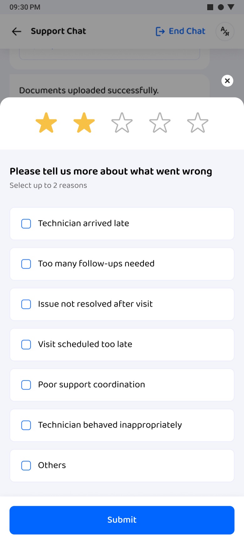 Two stars: please tell us more about what went wrong, select up to 2 reasons