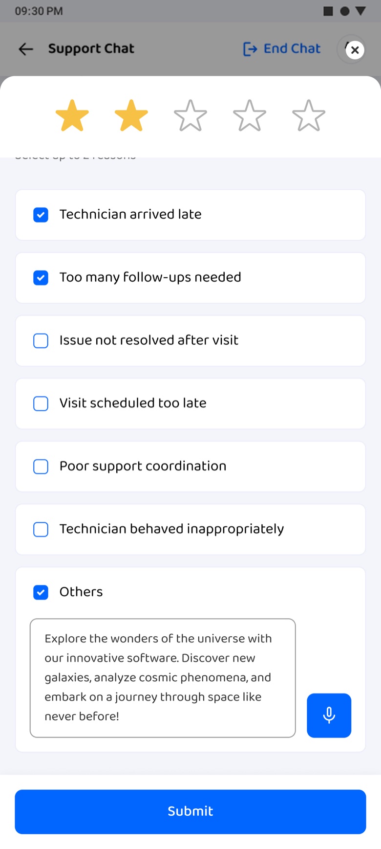 Typed feedback ready to submit
