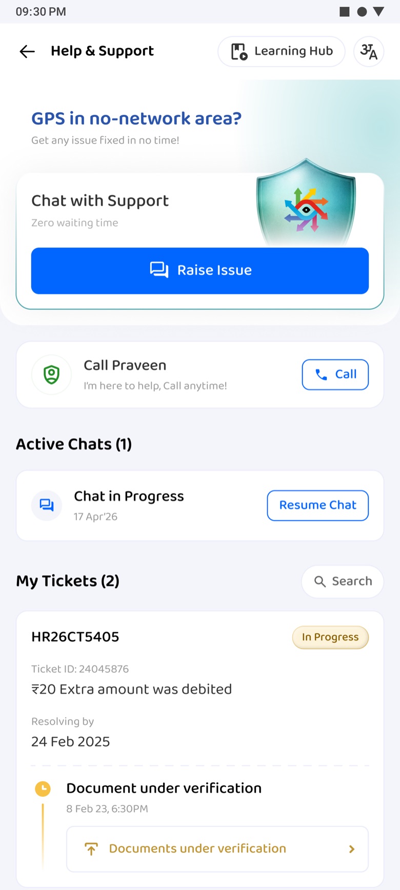 Help and Support with an active chat to resume and two tickets with their status