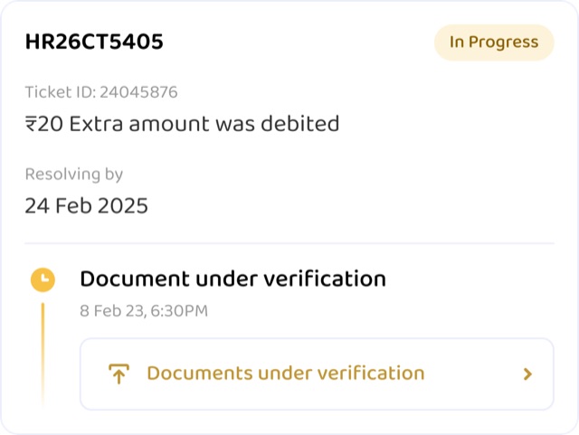 Ticket card in progress with document under verification