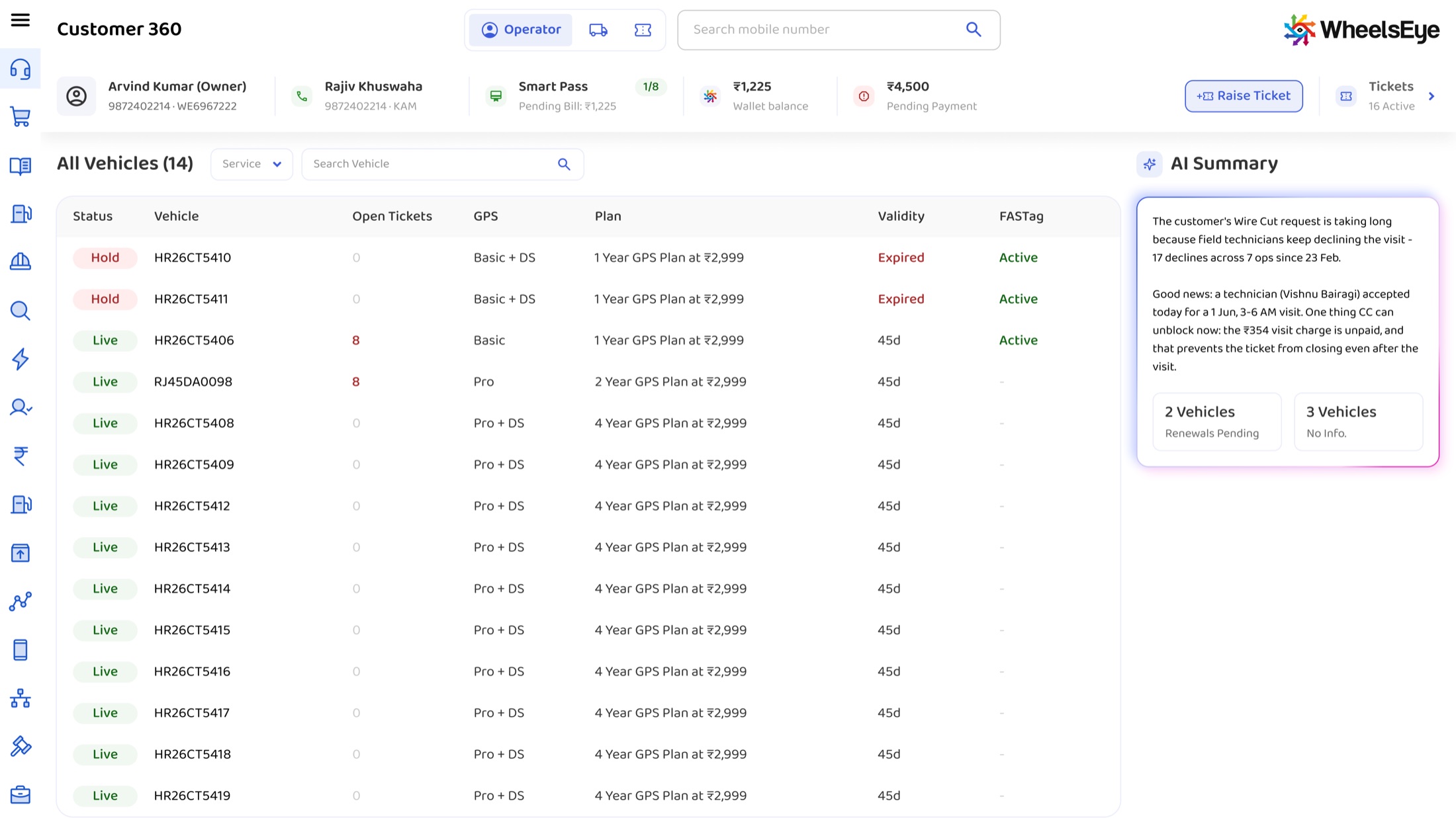 Customer 360 opened on one operator: all vehicles in a table, with the AI Summary in a fixed right rail